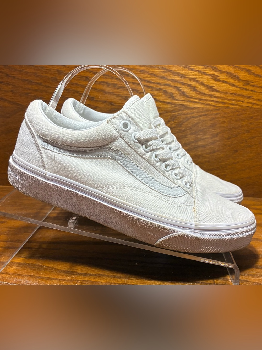 Vans Old Skool White Canvas Leather Stripe Sneakers Size W 8 / M 6.5